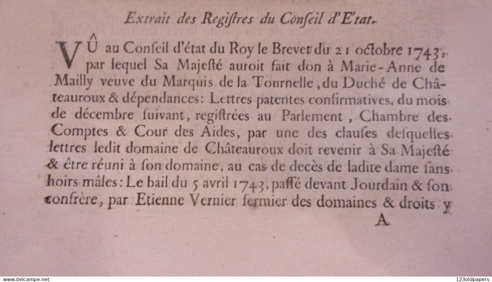 1745 BERRY INDRE CHATEAUROUX ARREST CONSEIL ETAT DU ROY PORTANT REGIE DU DOMAINE DE CHATEAUROUX - Documentos Históricos