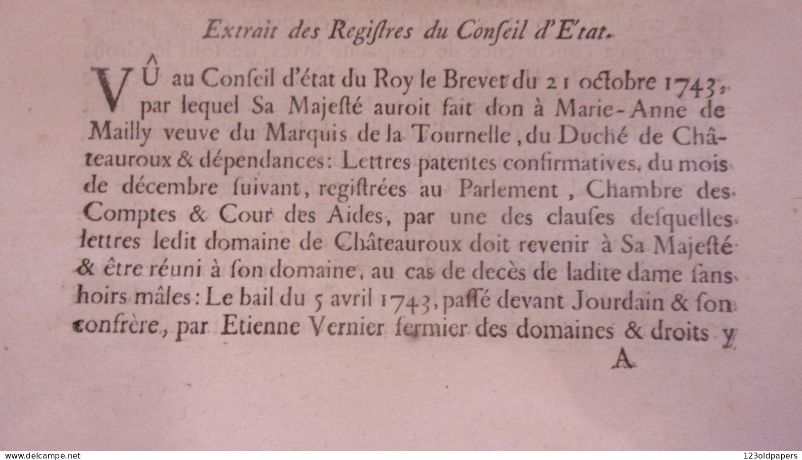 1745 BERRY INDRE CHATEAUROUX ARREST CONSEIL ETAT DU ROY PORTANT REGIE DU DOMAINE DE CHATEAUROUX - Historische Dokumente
