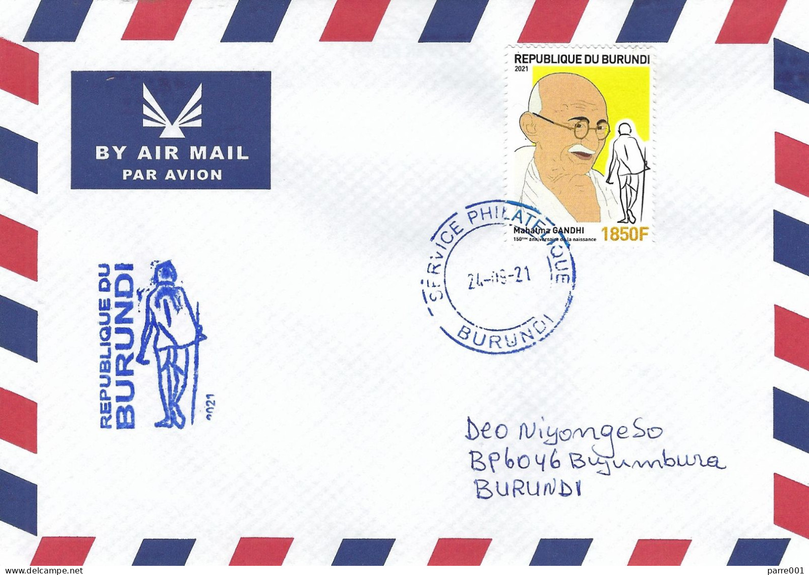 Burundi 2021 Bujumbura Mahatma Gandhi 1850f Walking Stick Special Handstamp Cover - Mahatma Gandhi