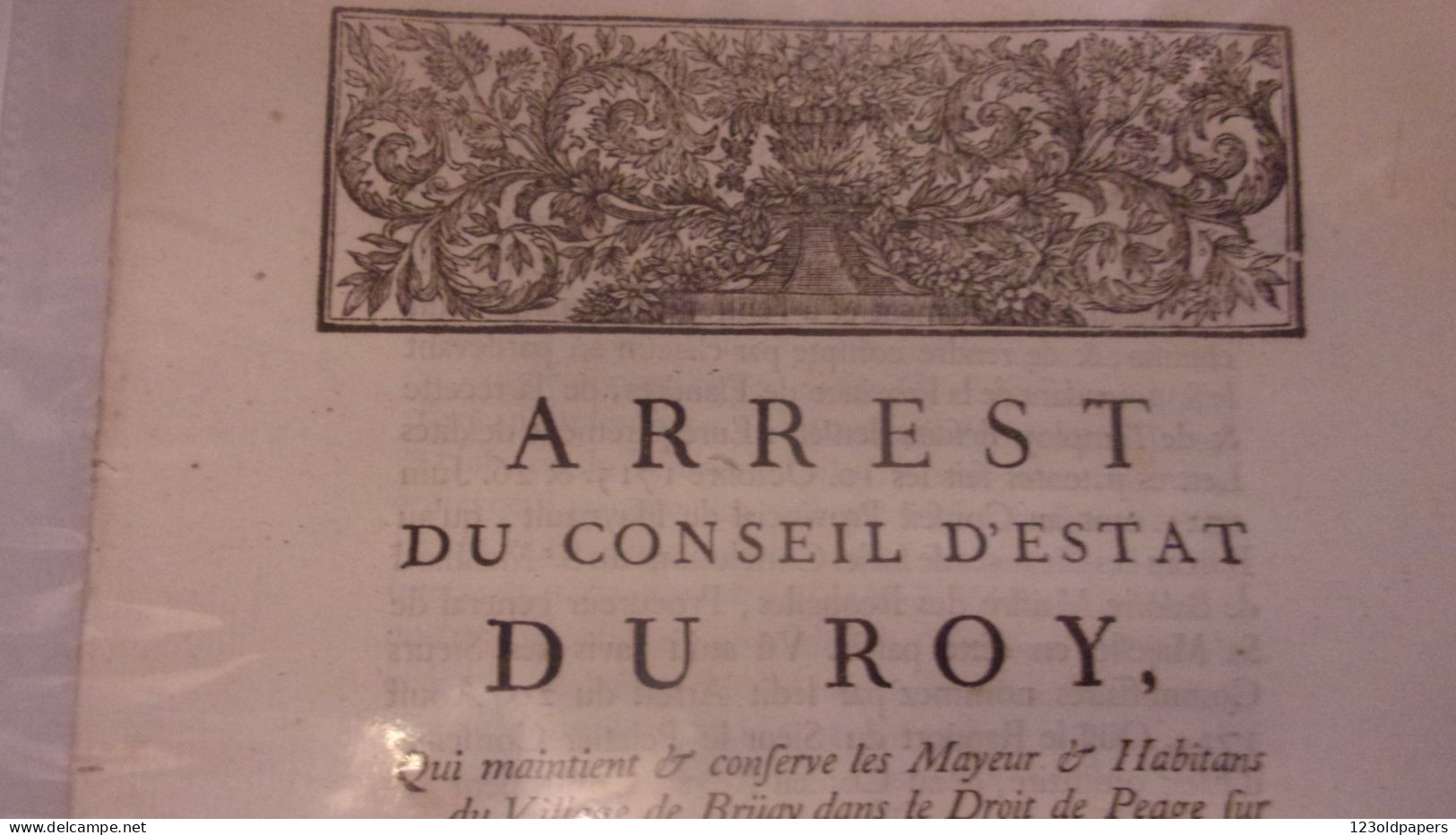 1730  Bruay-en-Artois  ARREST CONSEIL ETAT DU ROY DROIT DE PEAGE SUR CHEMIN QUI CONDUIT DE VALENCIENNES A CONDE - Documenti Storici