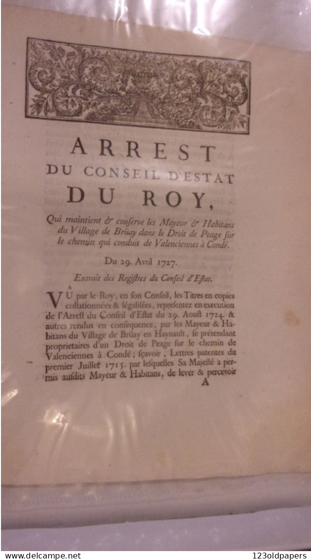 1730  Bruay-en-Artois  ARREST CONSEIL ETAT DU ROY DROIT DE PEAGE SUR CHEMIN QUI CONDUIT DE VALENCIENNES A CONDE - Documents Historiques