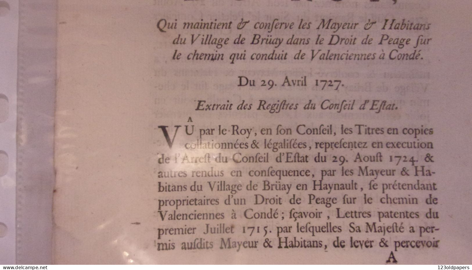 1730  Bruay-en-Artois  ARREST CONSEIL ETAT DU ROY DROIT DE PEAGE SUR CHEMIN QUI CONDUIT DE VALENCIENNES A CONDE - Documenti Storici