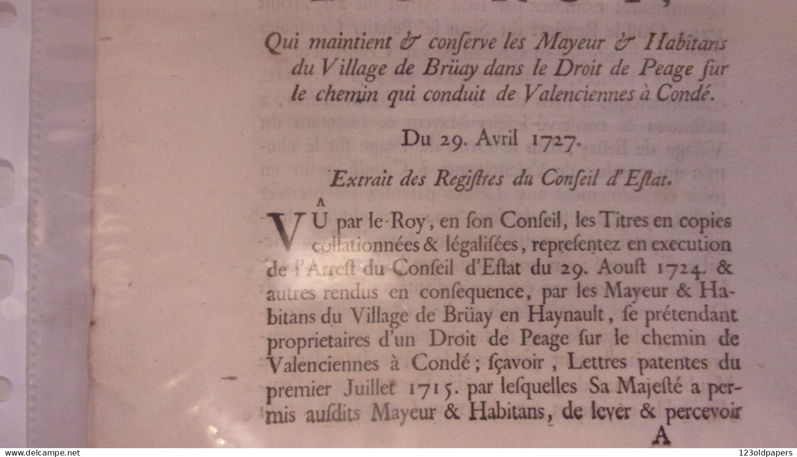 1730  Bruay-en-Artois  ARREST CONSEIL ETAT DU ROY DROIT DE PEAGE SUR CHEMIN QUI CONDUIT DE VALENCIENNES A CONDE - Historische Dokumente