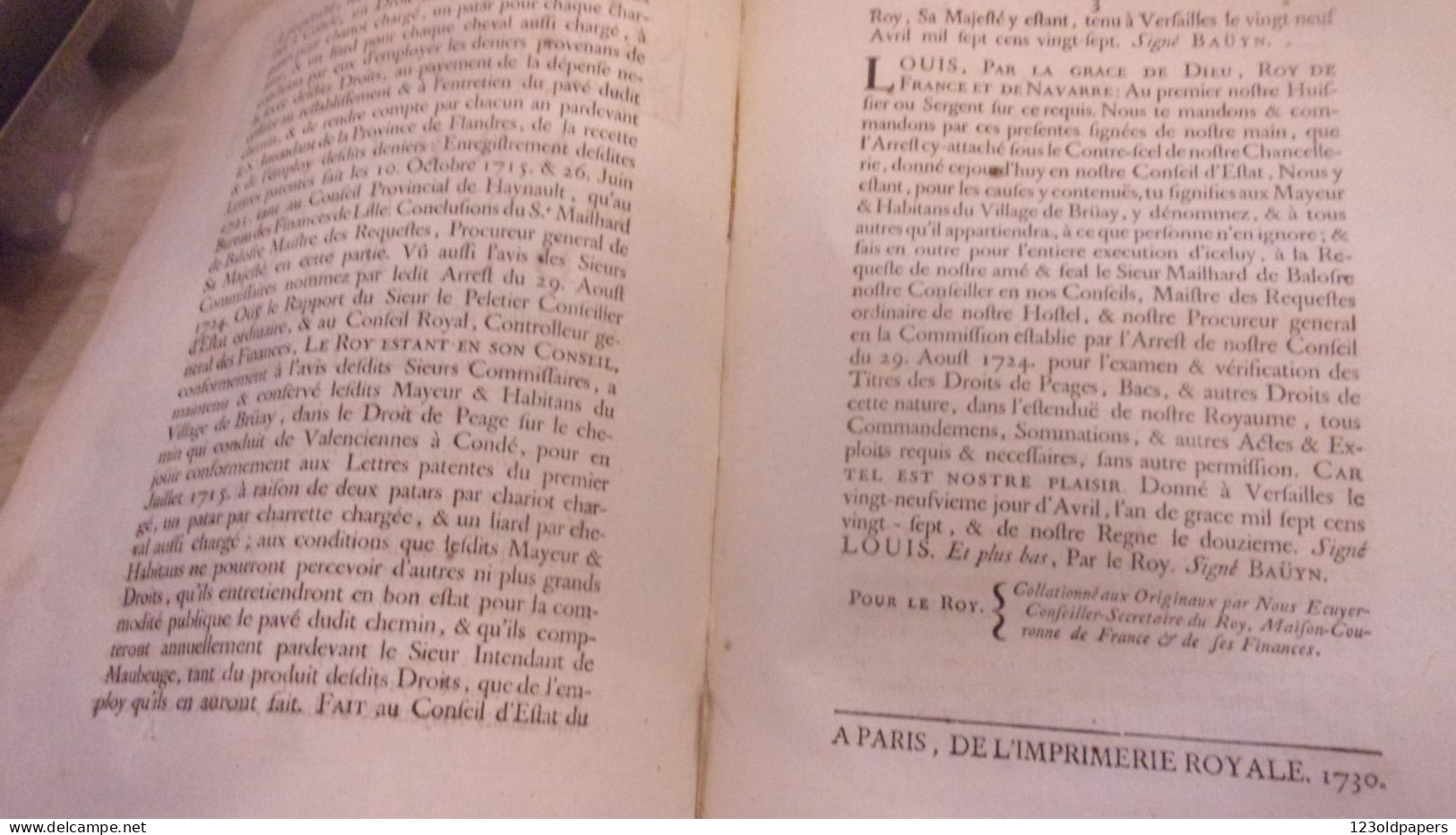 1730  Bruay-en-Artois  ARREST CONSEIL ETAT DU ROY DROIT DE PEAGE SUR CHEMIN QUI CONDUIT DE VALENCIENNES A CONDE - Historische Dokumente