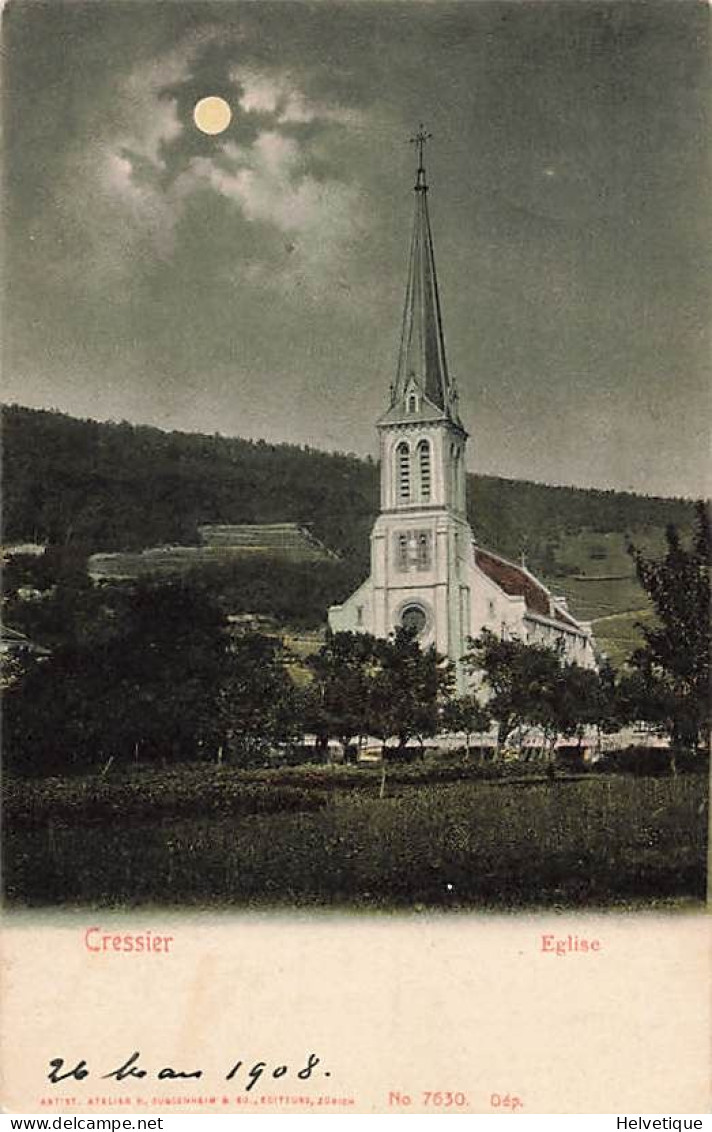 Eglise De Cressier Au Clair De Lune 1908 - Cressier