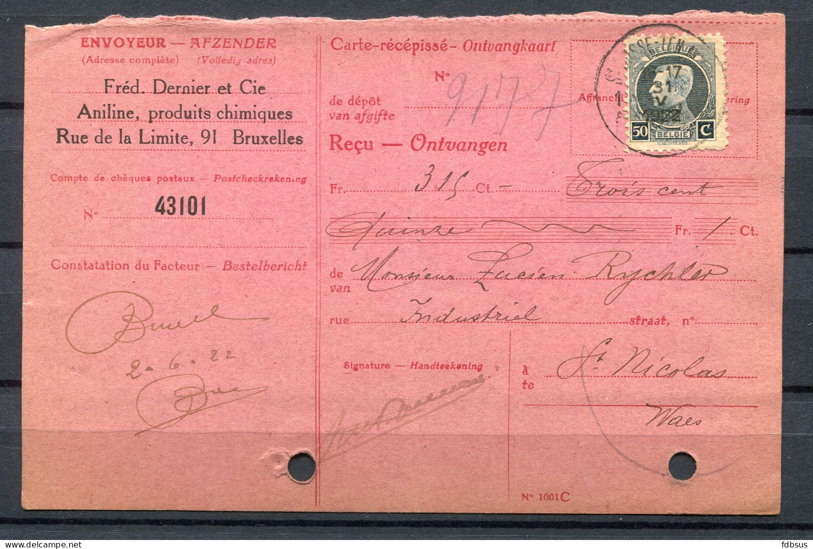 1922 Ontvangkaart Gefr. 50c Albert I + Fiscale Zegel Op Rug - Stempel Saint-Josse-ten-Noode - 1921-1925 Petit Montenez