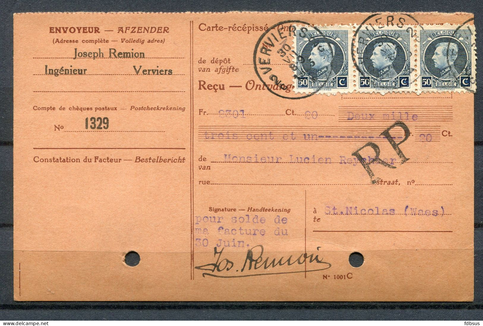 1923 Ontvangkaart Gefr. 50c Albert I In Strip Van 3 + 2 Fiscale ZegelS Op Rug - Stempel VERVIERS 2 - 1921-1925 Petit Montenez