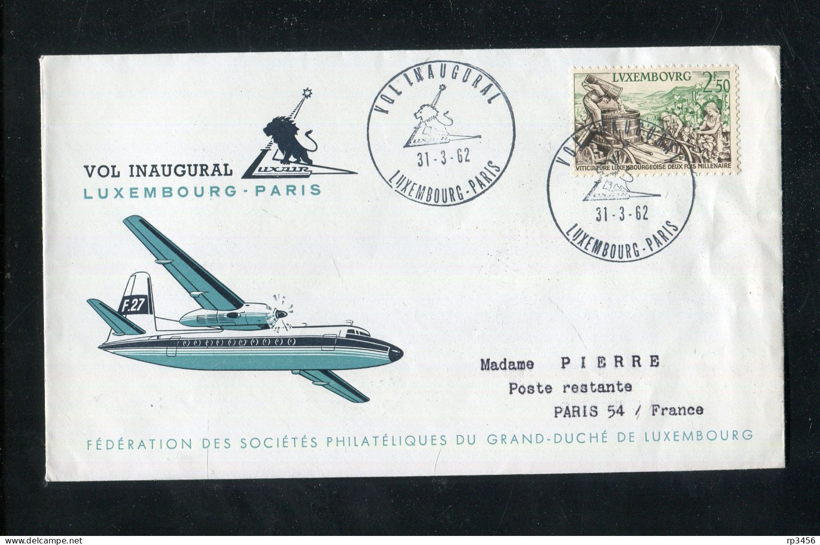 "LUXEMBURG" 1962, Erstflugbrief LUXAIR "Luxembourg-Paris" (B259) - Briefe U. Dokumente