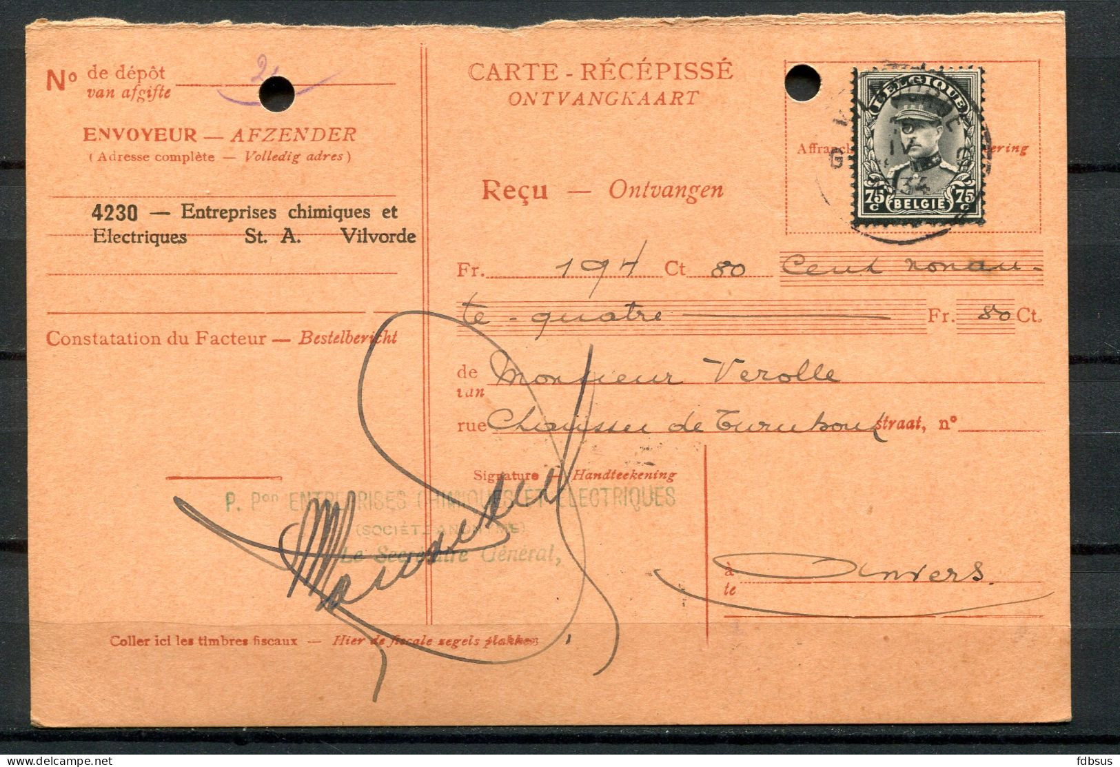 1923 Ontvangkaart Gefr. 75c N° 384 Albert I Kepi (rouwzegel) + Fiscale Zegel Op Rug - Stempel VILVOORDE - 1931-1934 Kepi