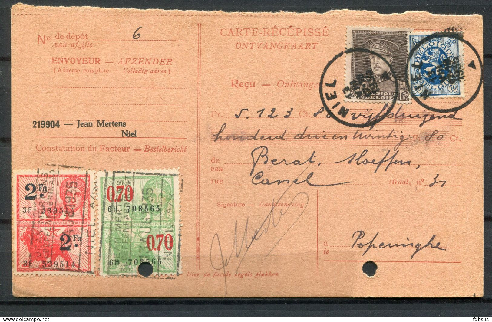 1935 Ontvangkaart Gefr. 2.50 Fr Albert I Kepi Cat Nr 322A + 50c Nr 285 + 2 Fiscale Stempels - Stempel NIEL (driehoek) - 1931-1934 Quepis