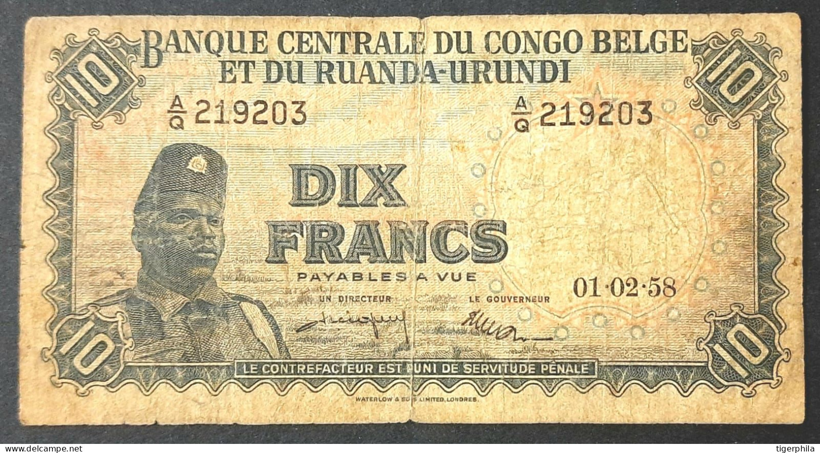BELGIAN CONGO & RUANDA URUNDI 1958 10 Francs Used Note - Banca Del Congo Belga