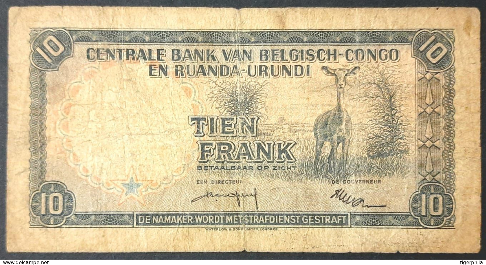 BELGIAN CONGO & RUANDA URUNDI 1958 10 Francs Used Note - Bank Van Belgisch Kongo