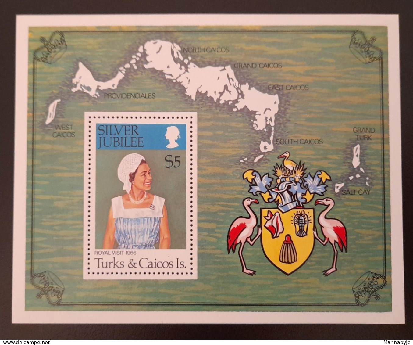 SD)1977, TURKS AND CAICOS ISLANDS, SOUVENIR SHEET, MAP, 25TH ANNIVERSARY OF THE CORONATION OF QUEEN ELIZABETH II, MNH - ...-1858 Préphilatélie