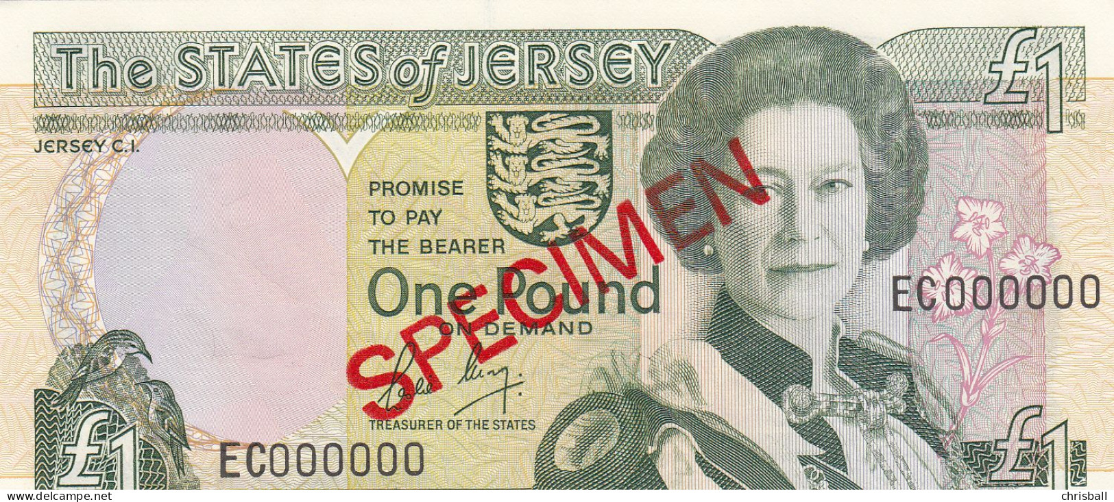 Jersey Banknote One Pound SPECIMEN Overprint Code EC - Superb UNC Condition - Jersey