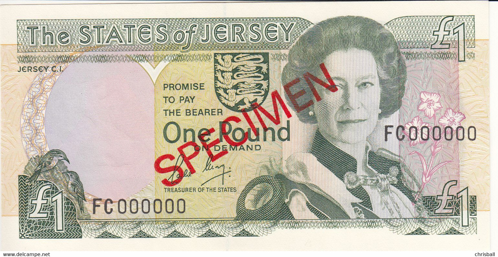 Jersey Banknote One Pound SPECIMEN Overprint Code FC - Superb UNC Condition - Jersey