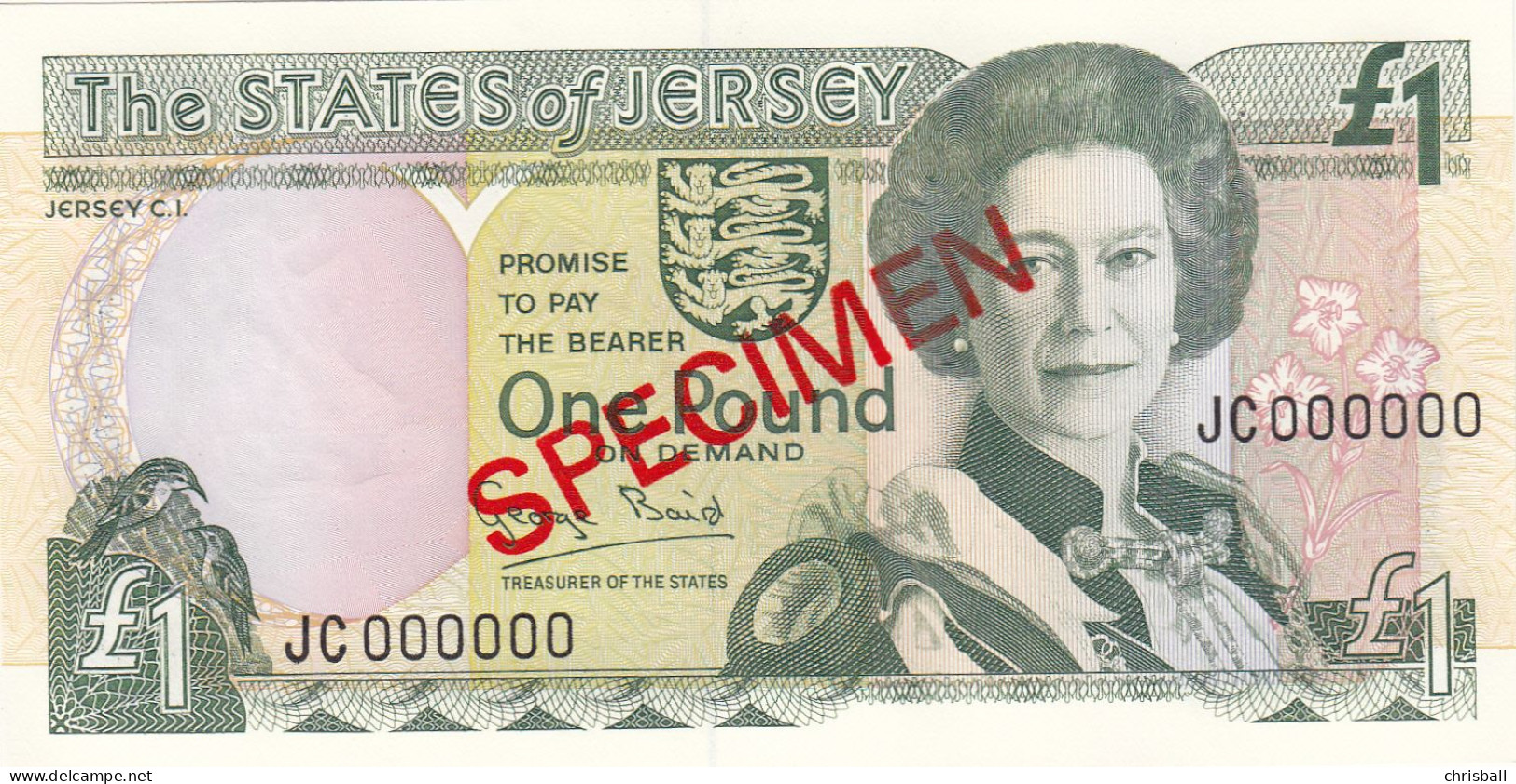 Jersey Banknote One Pound SPECIMEN Overprint Code JC - Superb UNC Condition - Jersey