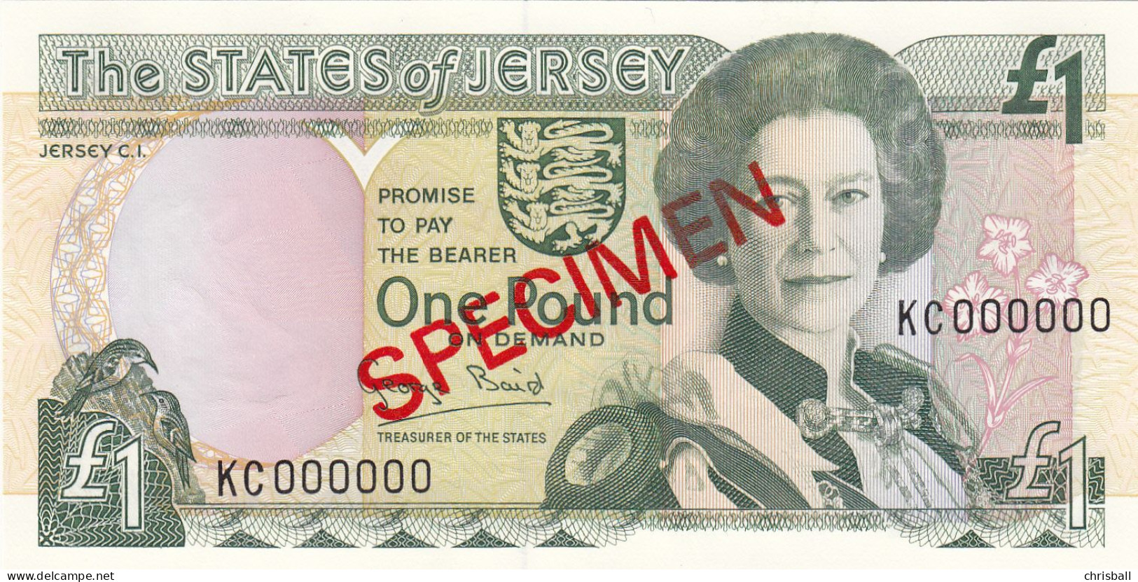 Jersey Banknote One Pound SPECIMEN Overprint Code KC - Superb UNC Condition - Jersey