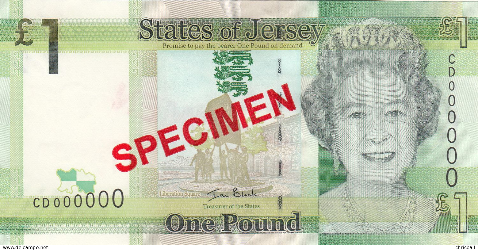 Jersey Banknote One Pound Code CD, Specimen Overprint- Superb UNC Condition - Jersey