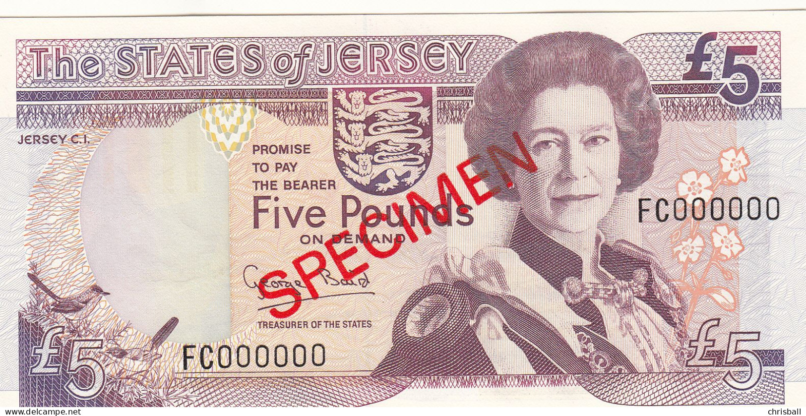 Jersey Banknote Five Pound  (Pick 21s) SPECIMEN Overprint Code FC - Superb UNC Condition - Jersey