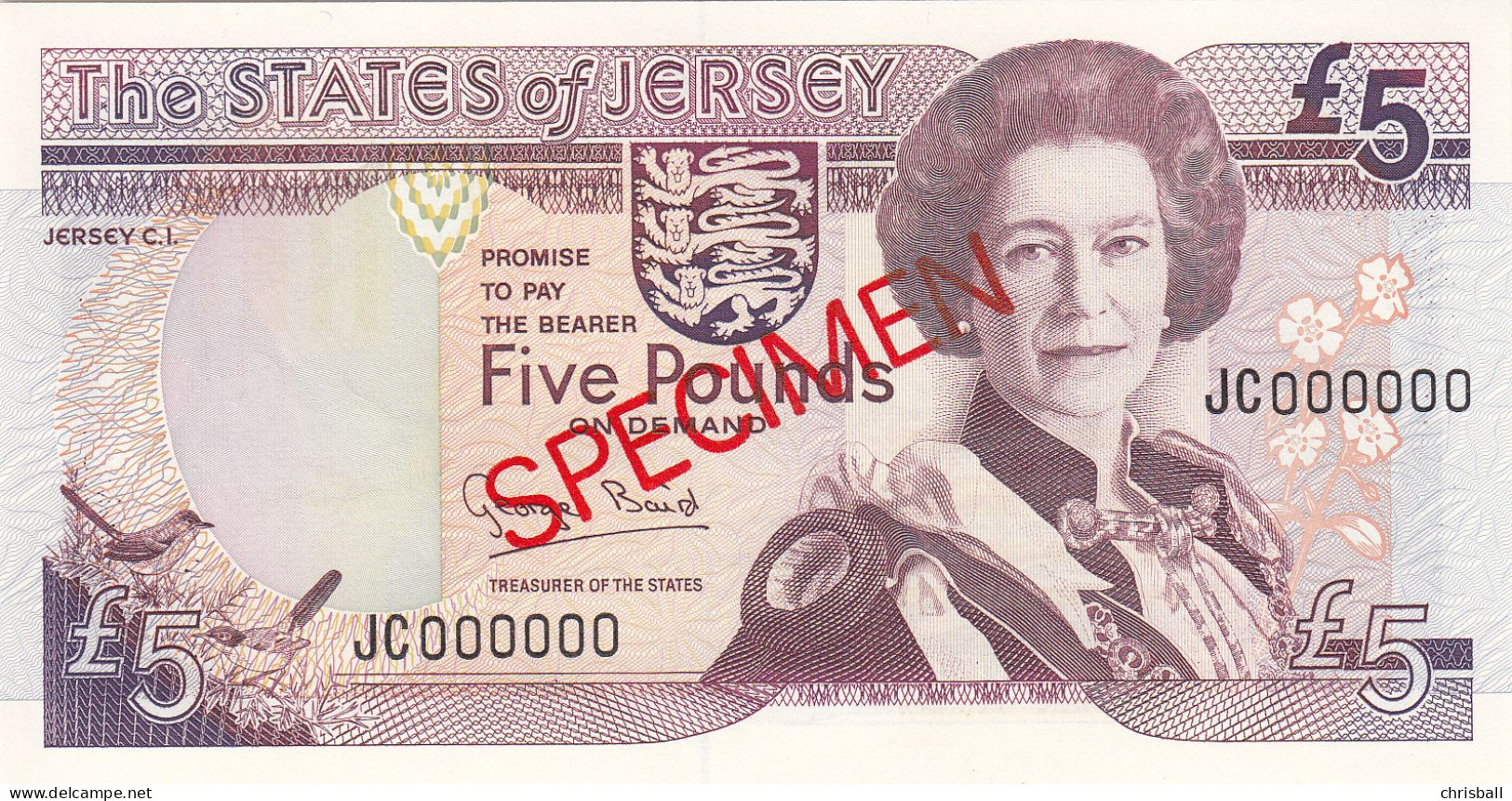 Jersey Banknote Five Pound  (Pick 21s) SPECIMEN Overprint Code JC - Superb UNC Condition - Jersey
