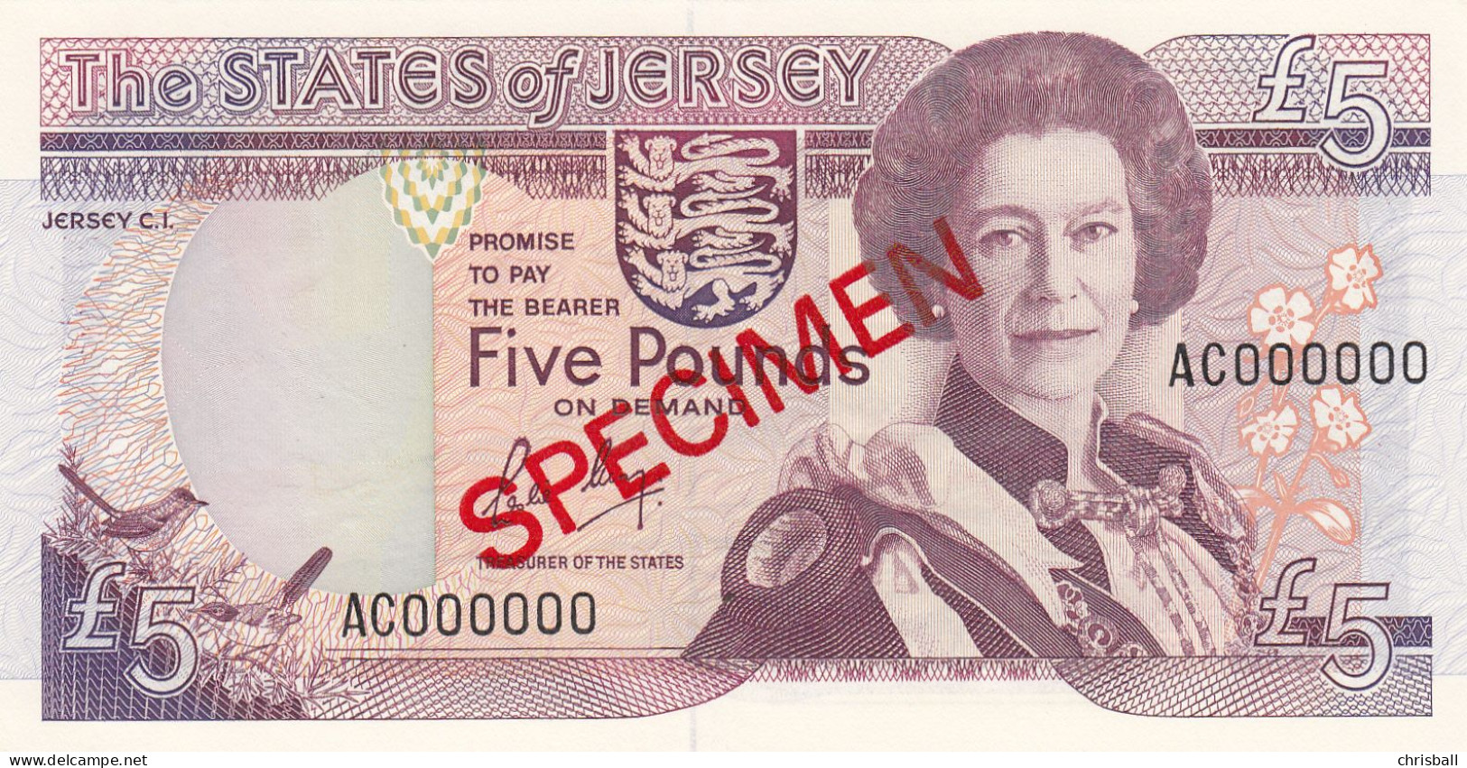 Jersey Banknote Five Pound  SPECIMEN Overprint Code AC - Superb UNC Condition - Jersey