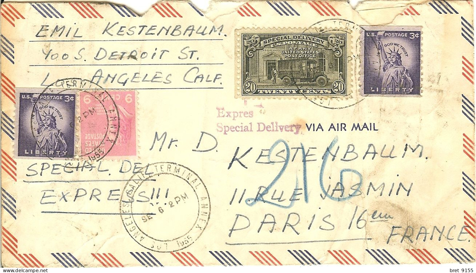 ENVELOPPE ETATS UNIS LOS ANGELES SPECIAL DEL EXPRESS VIA AIR MAIL POUR PARIS RUE JASMIN - Covers & Documents