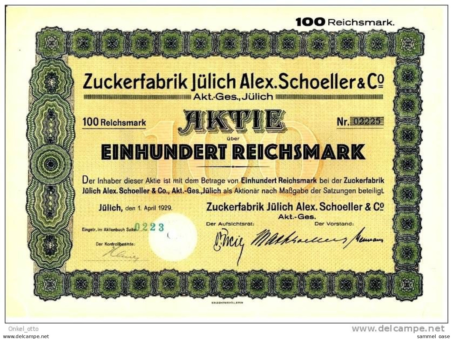 Aktie Zuckerfabrik Jülich - Alex.Schoeller & Co - 100 RM - Agriculture