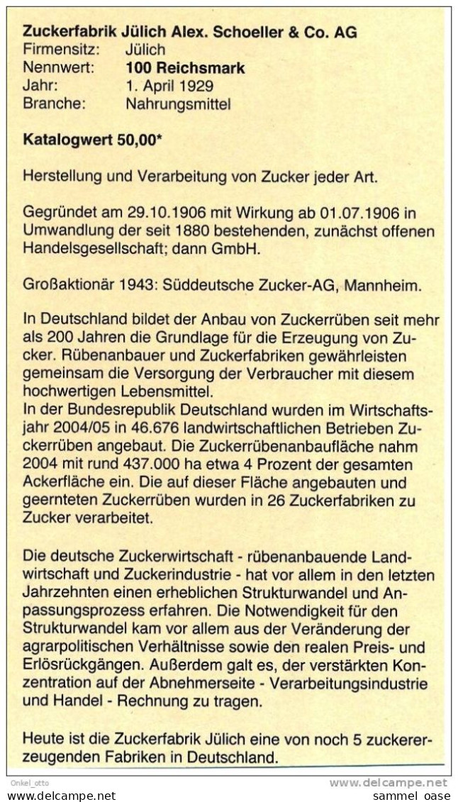 Aktie Zuckerfabrik Jülich - Alex.Schoeller & Co - 100 RM - Landwirtschaft