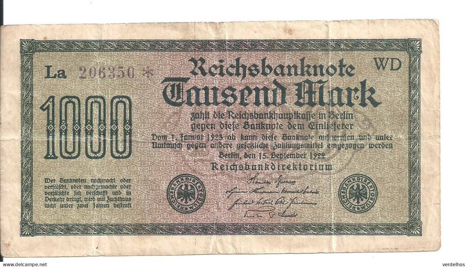 ALLEMAGNE 1000 MARK 1922 VF P 76 - 1000 Mark