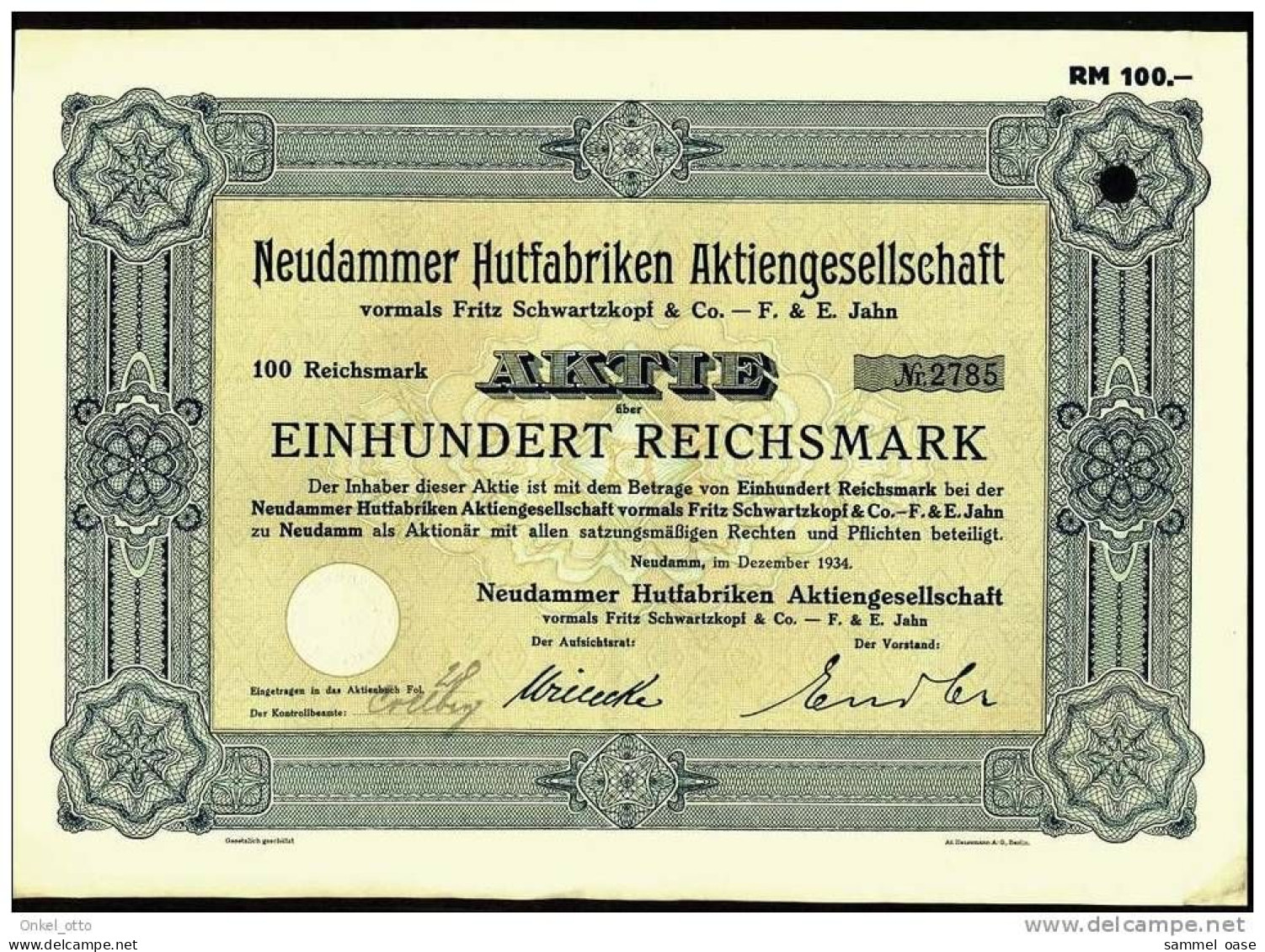 Aktie - Neudammer Hutfabriken - Textil - 100 RM - Neudamm 1934 - Industrie