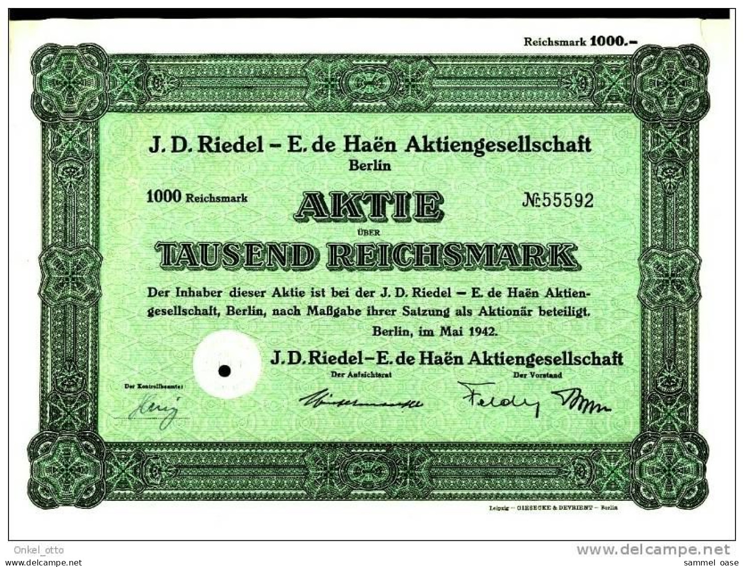 Aktie J.D.Riedel -E.de Haen AG Chemie 1942 - 1.000 RM - Industrie
