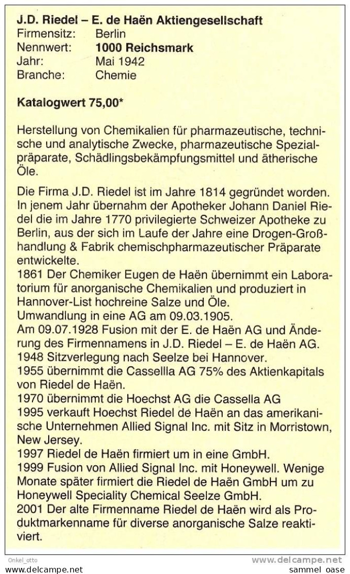 Aktie J.D.Riedel -E.de Haen AG Chemie 1942 - 1.000 RM - Industrie