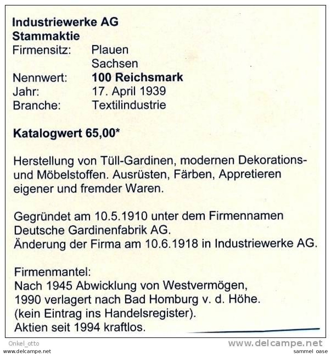 STAMMAKTIE Industriewerke AG Plauen I.V. 1939 - 100 RM - Textile