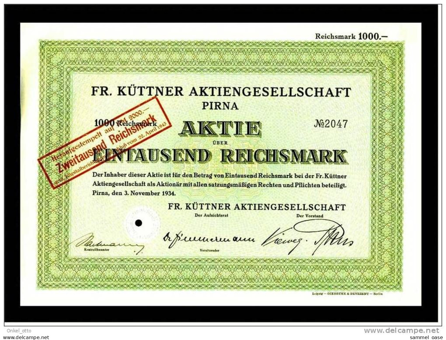 Aktie FR. KÜTTNER Textilindustrie 1934 - 1.000 RM Pirna - Textile