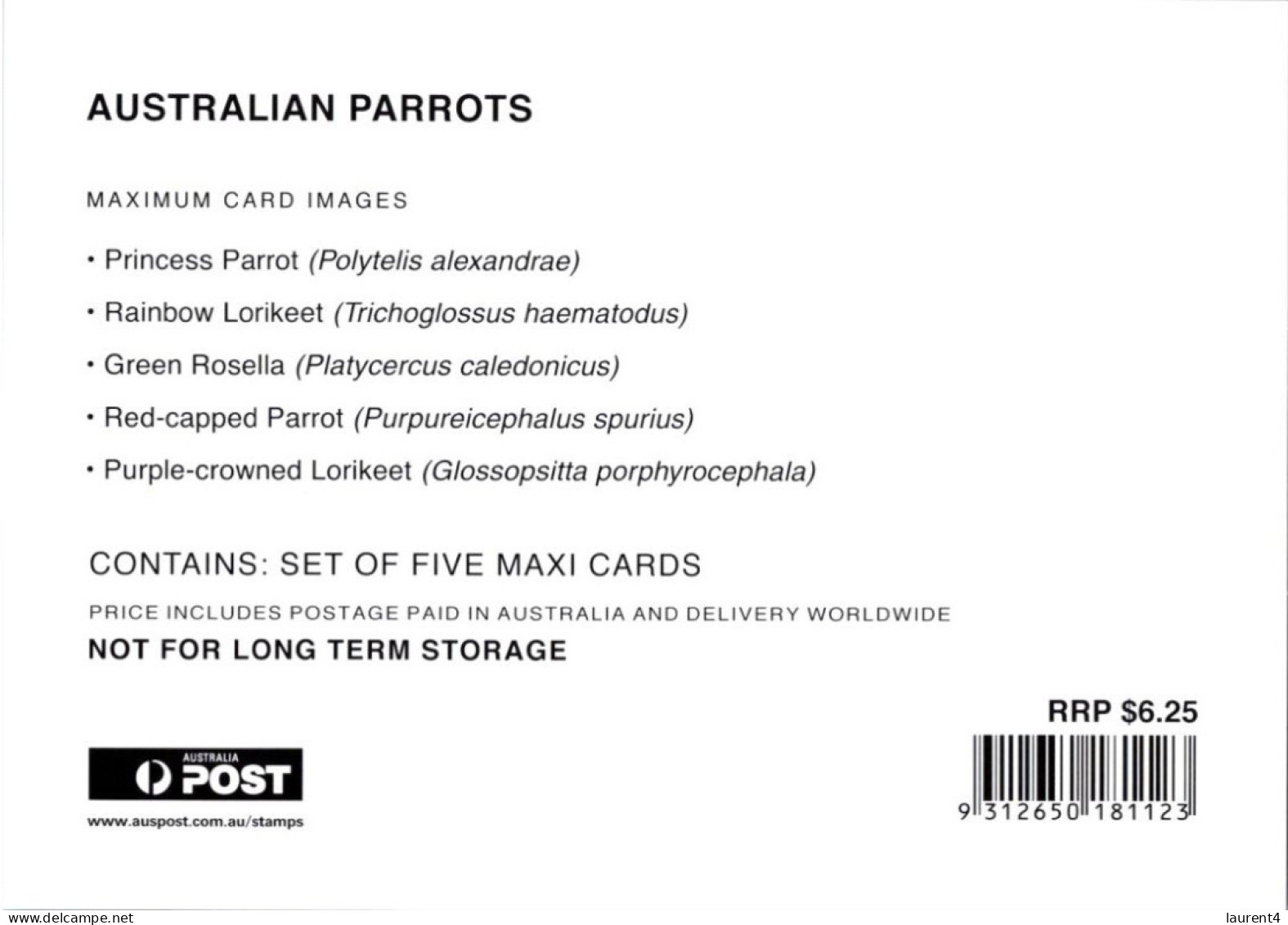 22-9-2-23 (1 U 48) (OZ) Australia 2005 Maxicard (pre-paid worldwide) (set of 5) Parrots Birds (mint)