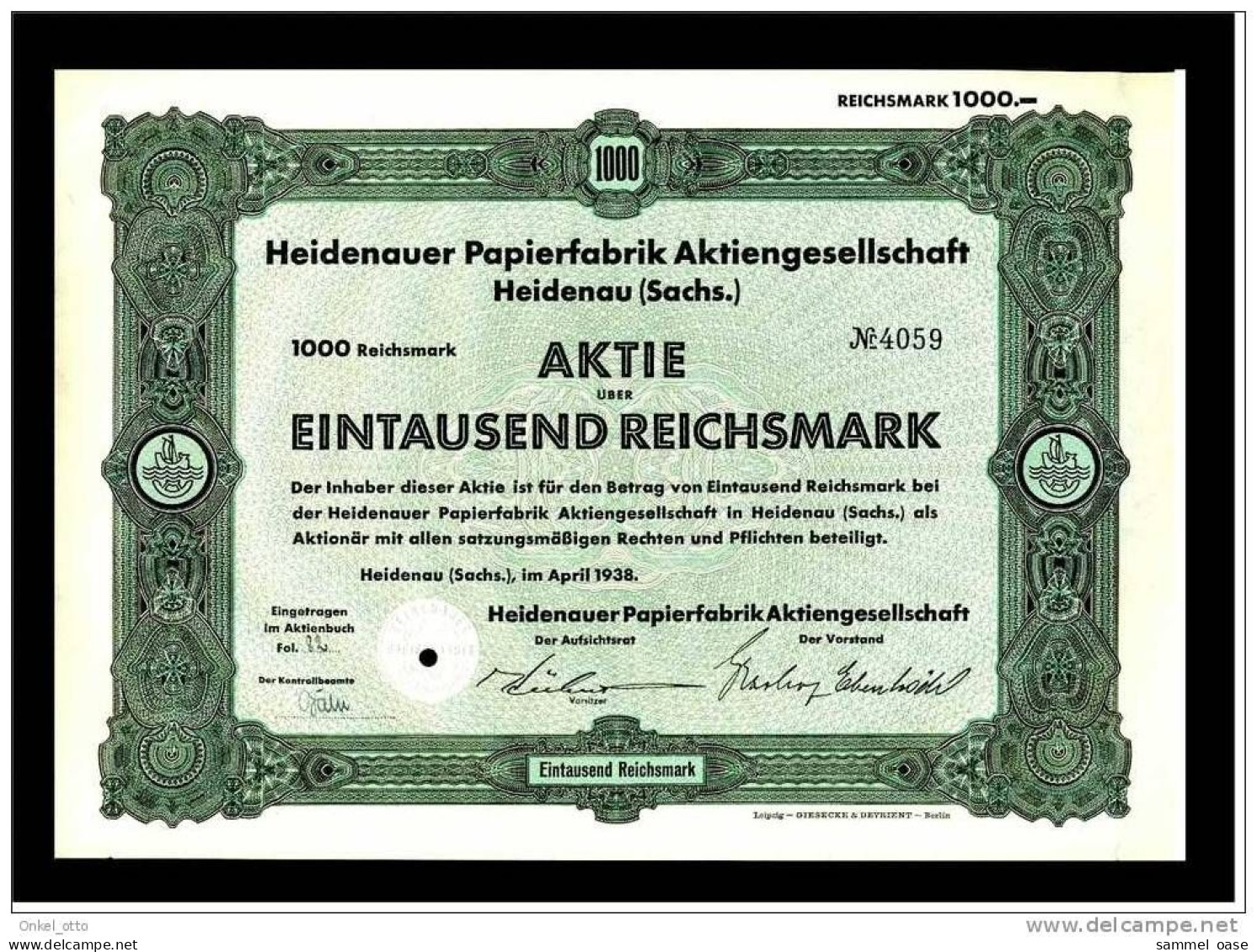Aktie Heidenauer Papierfabrik AG April 1938 1.000 RM - Industrie