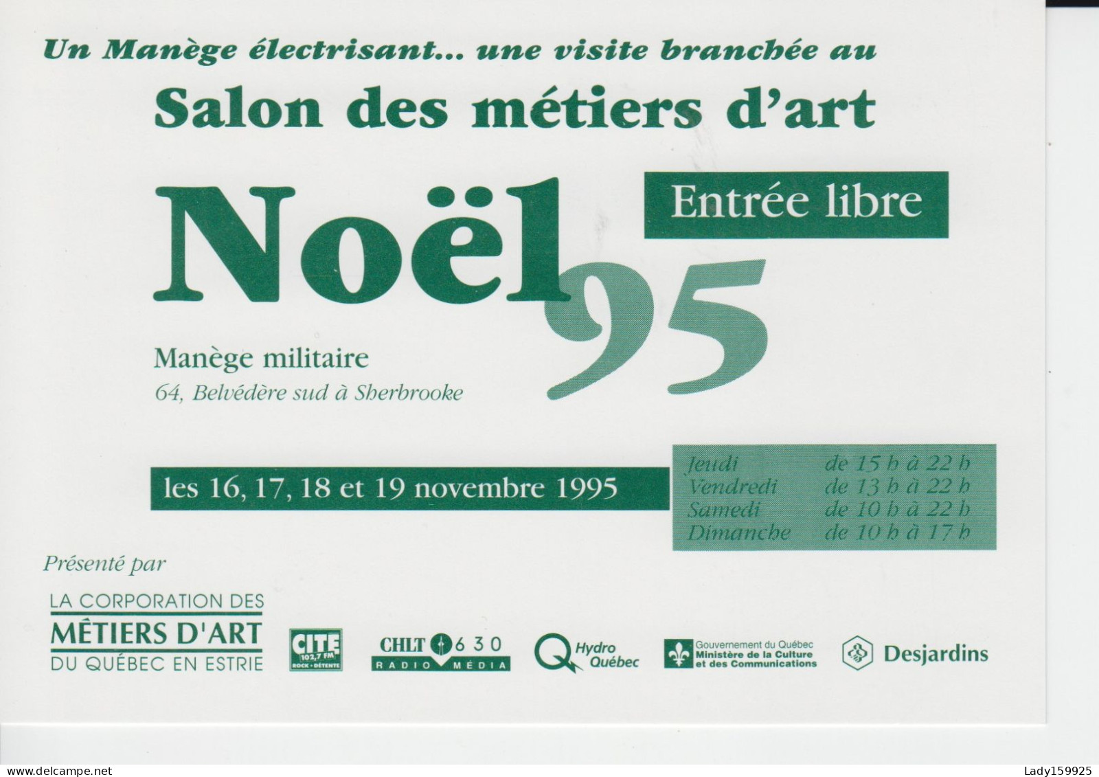 Salon Des Métiers D'art Noel 1995 Québec Canada Grande Carte 15cm/10cm .Invitation Au Manège Militaire - Sherbrooke