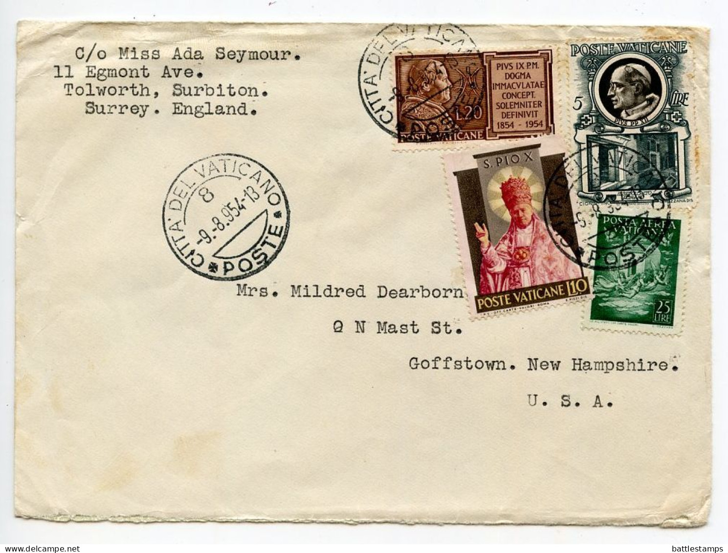Vatican 1954 Cover To Goffstown, New Hampshire; Scott C13, 159, 180 & 182 - Cartas & Documentos
