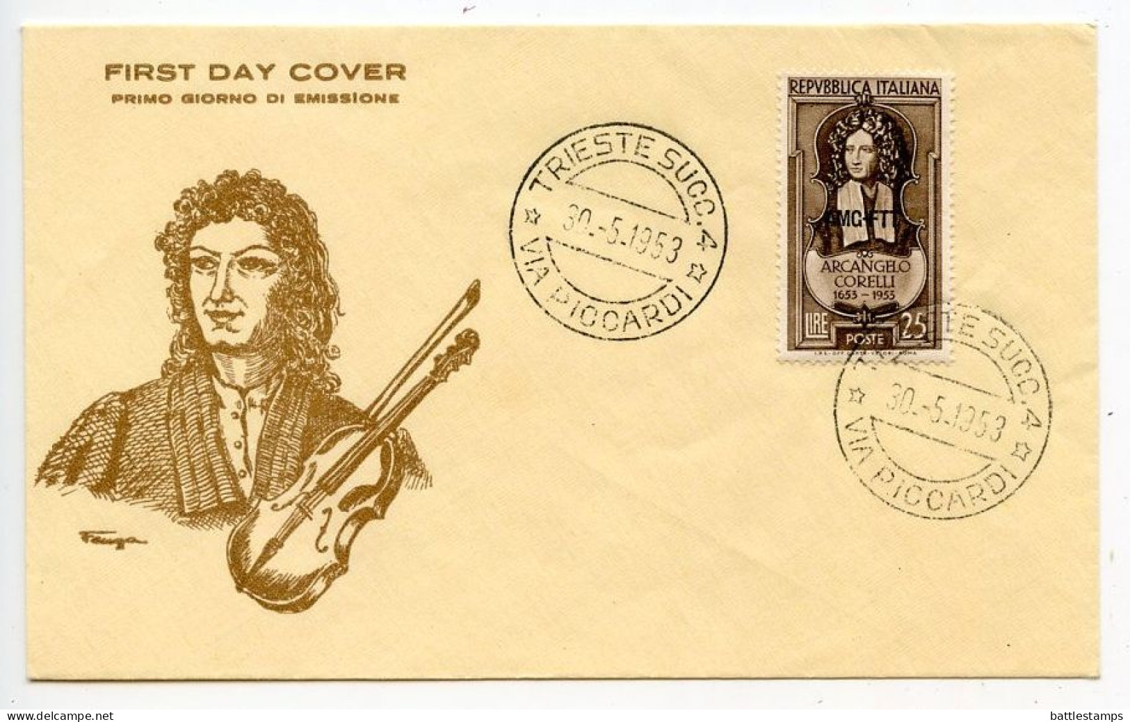 Italy - Trieste 1953 First Day Cover Scott 168 - 25l. Composer Arcangelo Corelli - Marcophilia