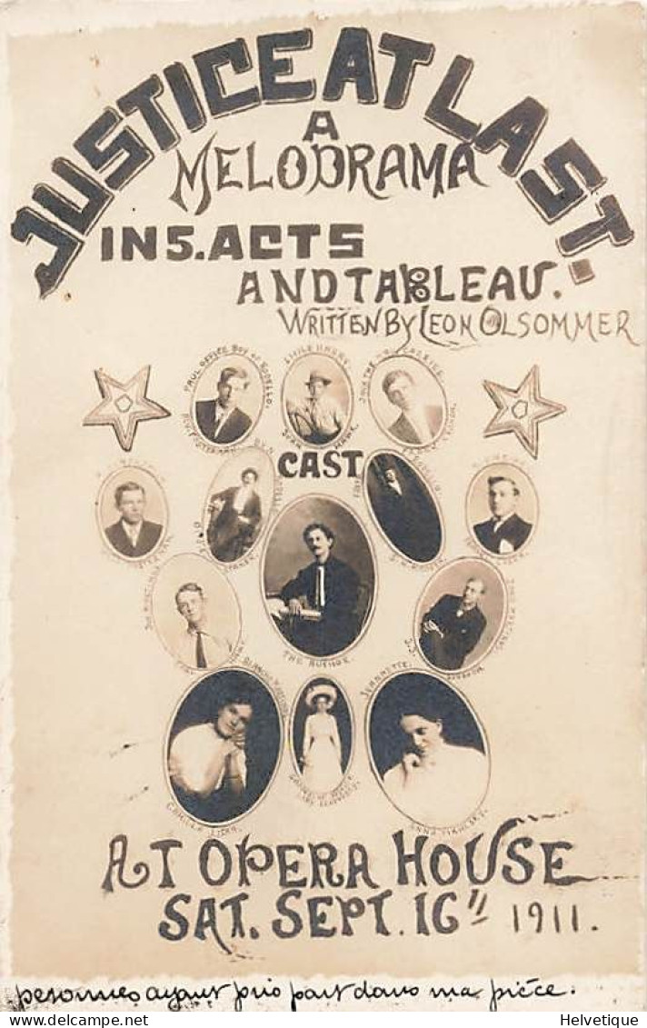 Opera Hause 1911 Justice At Last A Melodrama In 5 Acts And Tableau Léon Sommer JAMESTOWN ? - Andere & Zonder Classificatie