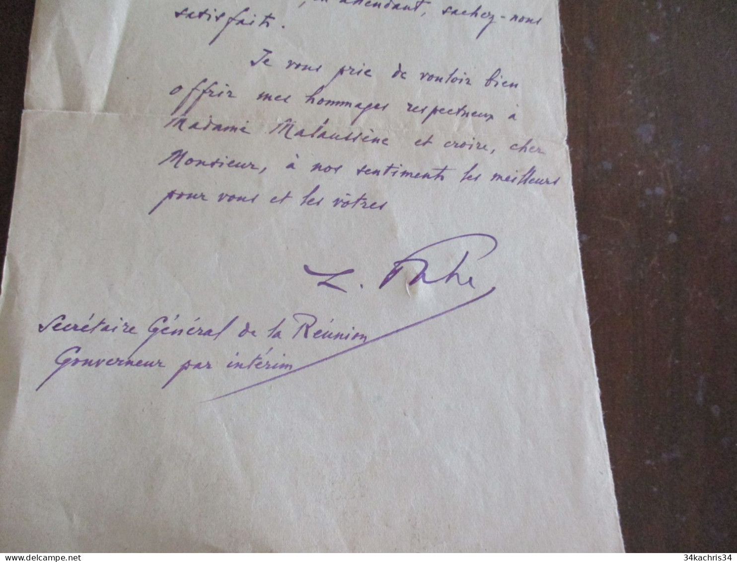 M45 Ile De La Réunion LAS Autographe Signé Mahé Gouverneur Par Intérim 11/02/1930 Remerciements - Politiek & Militair