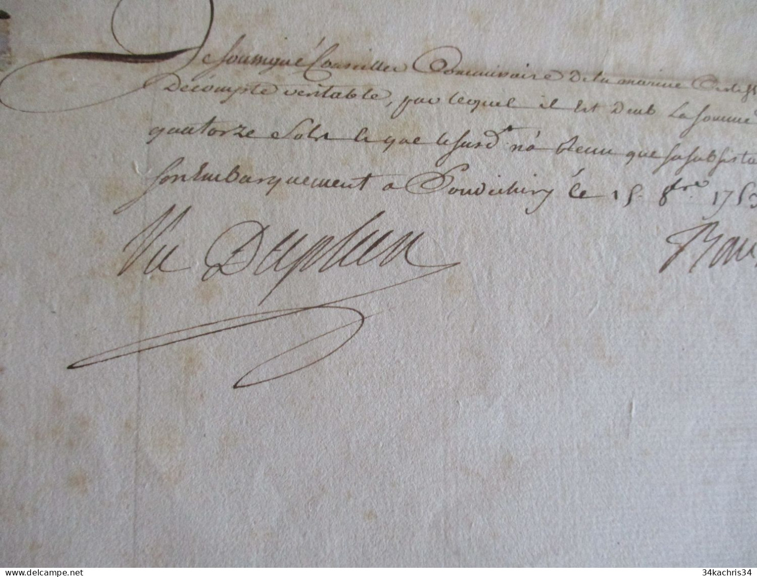 M45 Cie Des Indes Isle De France Pondichéry 15/10/1753 Pièce Signée DUPLEIX Décompte D'un Mousse Cassagnol - Personnages Historiques
