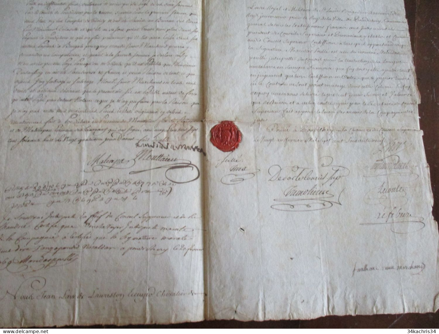 M45 Cie Des Indes Pièce Signée  Law De Lauiston 21/02/1769 Gouverneur Avec Traduction Malabare Sceau Transport Militaire - Político Y Militar