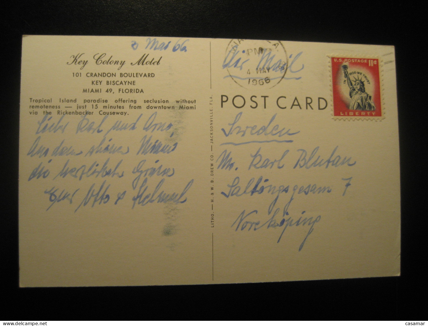 MIAMI Florida Key Colony Motel Key Biscayne Pool Cancel 1966 To Sweden Postcard USA - Miami