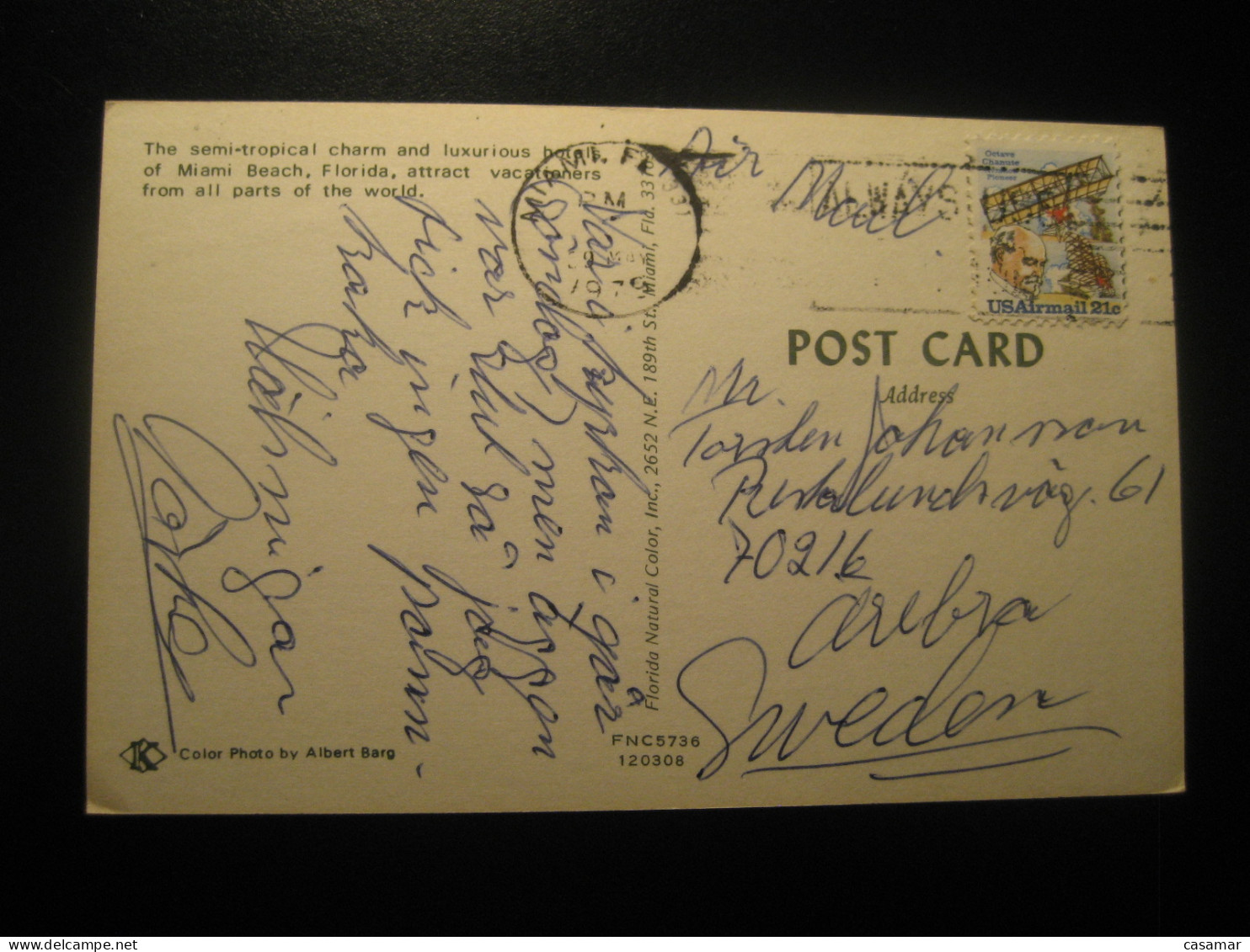 MIAMI BEACH Florida Hi Hotel Hotels Cancel 1979 To Sweden Postcard USA - Miami Beach