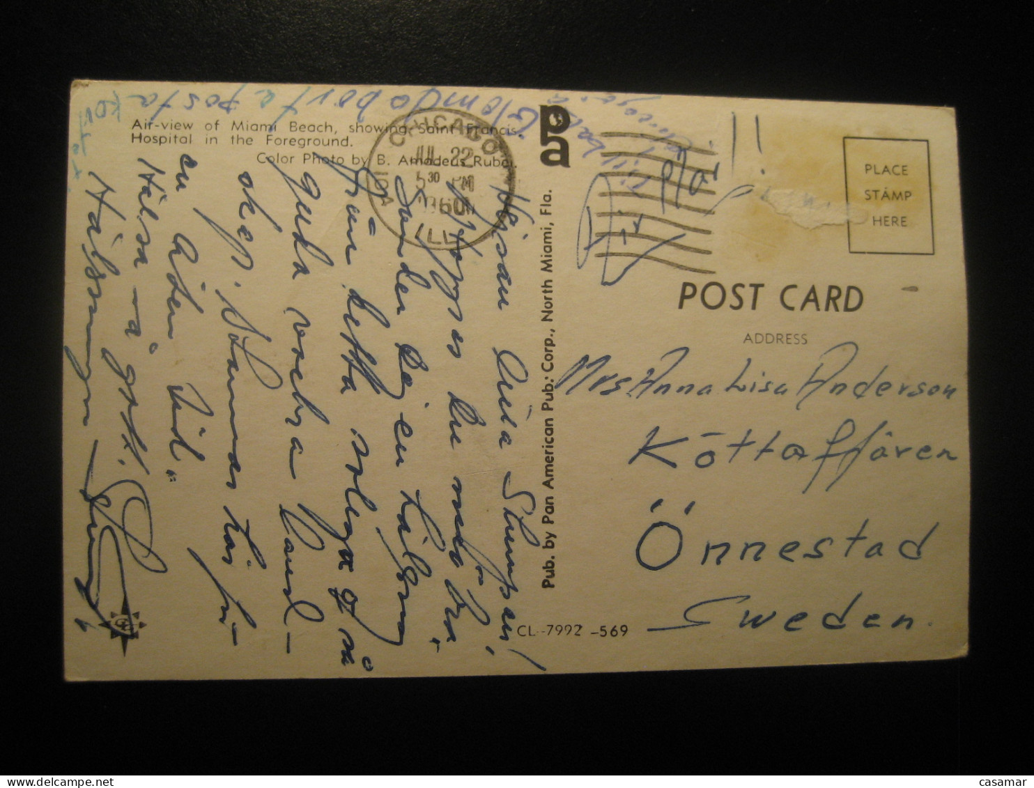 MIAMI BEACH Florida Saint Francis Hospital Cancel Chicago 1960 To Sweden No Stamp Postcard USA - Miami Beach