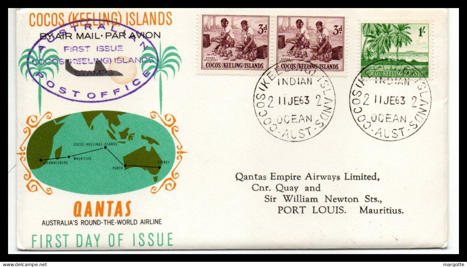 FFC Quantas  Austrlian Postoffice 1963  Port Louis Mauritius - Cocos (Keeling) Islands