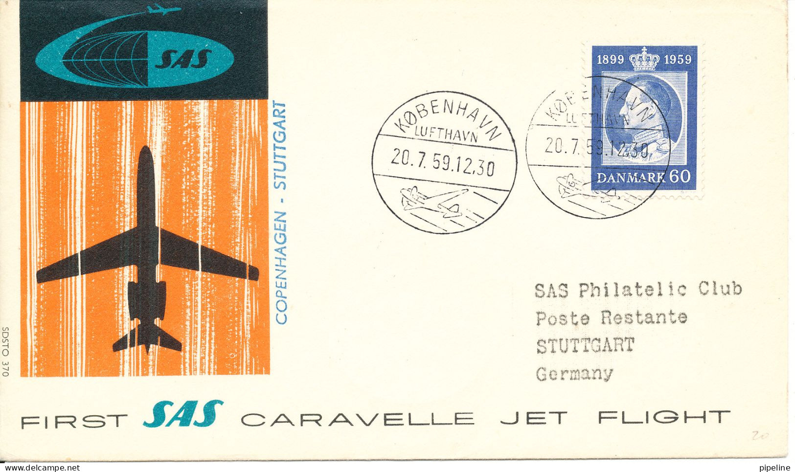 Denmark First Flight Cover SAS Caravelle Jet Copenhagen - Stuttgardt 20-7-1959 - Lettres & Documents