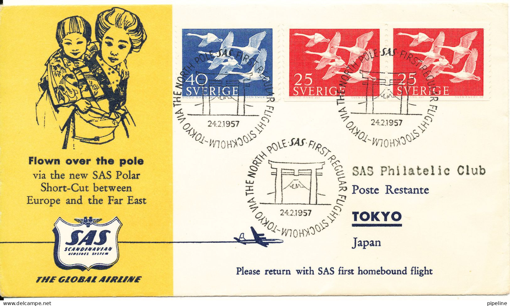 Sweden SAS First Regular Flight Stockholm - Tokyo Via The North Pole 24-2-1957 - Briefe U. Dokumente