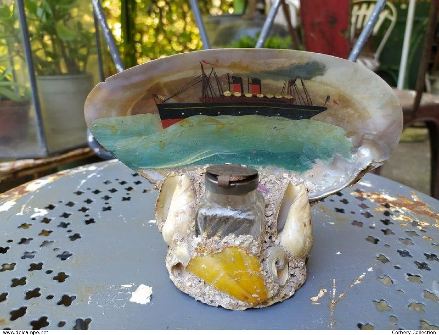 Ancien Souvenir Début XXème Encrier Coquillage Peint Paquebot France. - Encriers